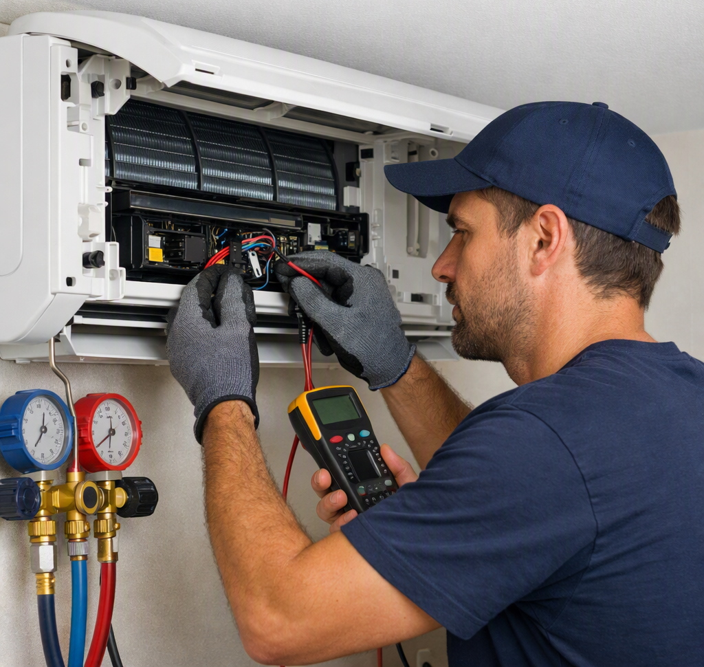 Maintenance technician servicing an air-conditioning unit
