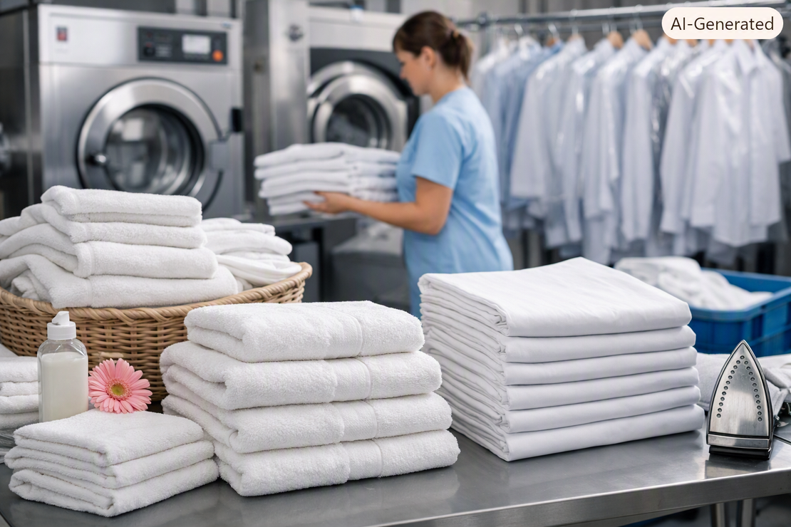 Freshly laundered towels and bed linen stacked on a bed