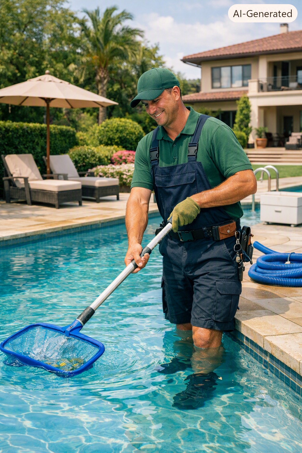 Pool technician cleaning and testing a swimming pool