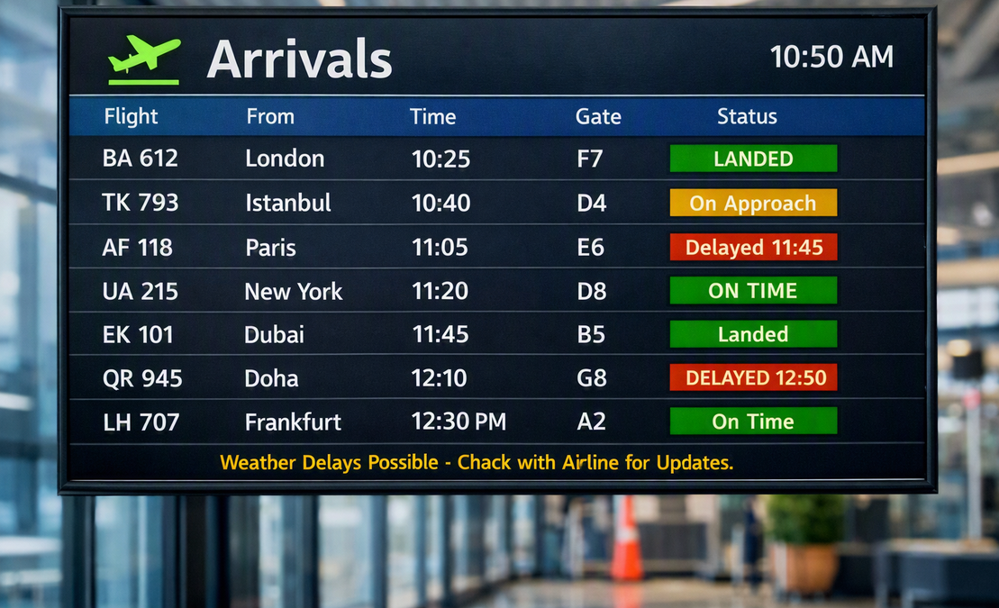 Airport departures board being checked by a driver