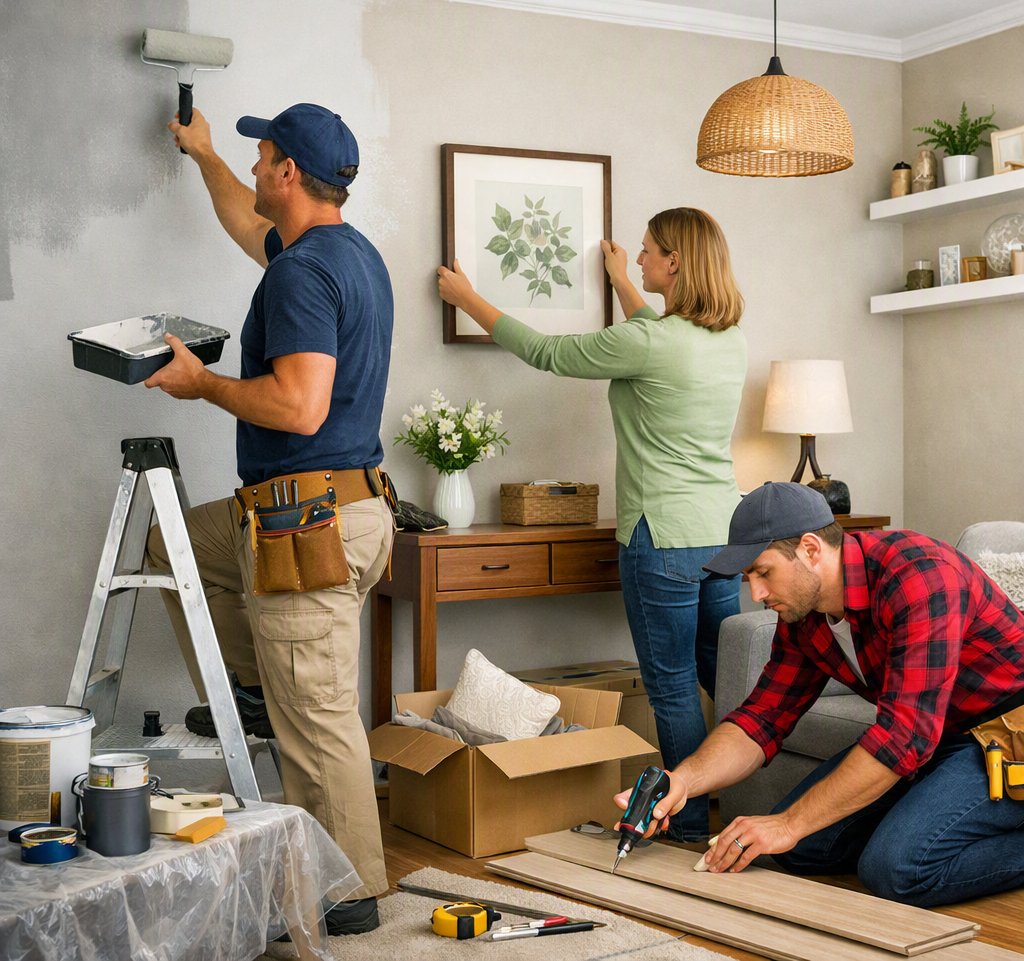 Painter using a roller to repaint an apartment wall