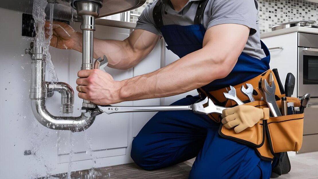 Technician repairing a leaking tap in an apartment bathroom