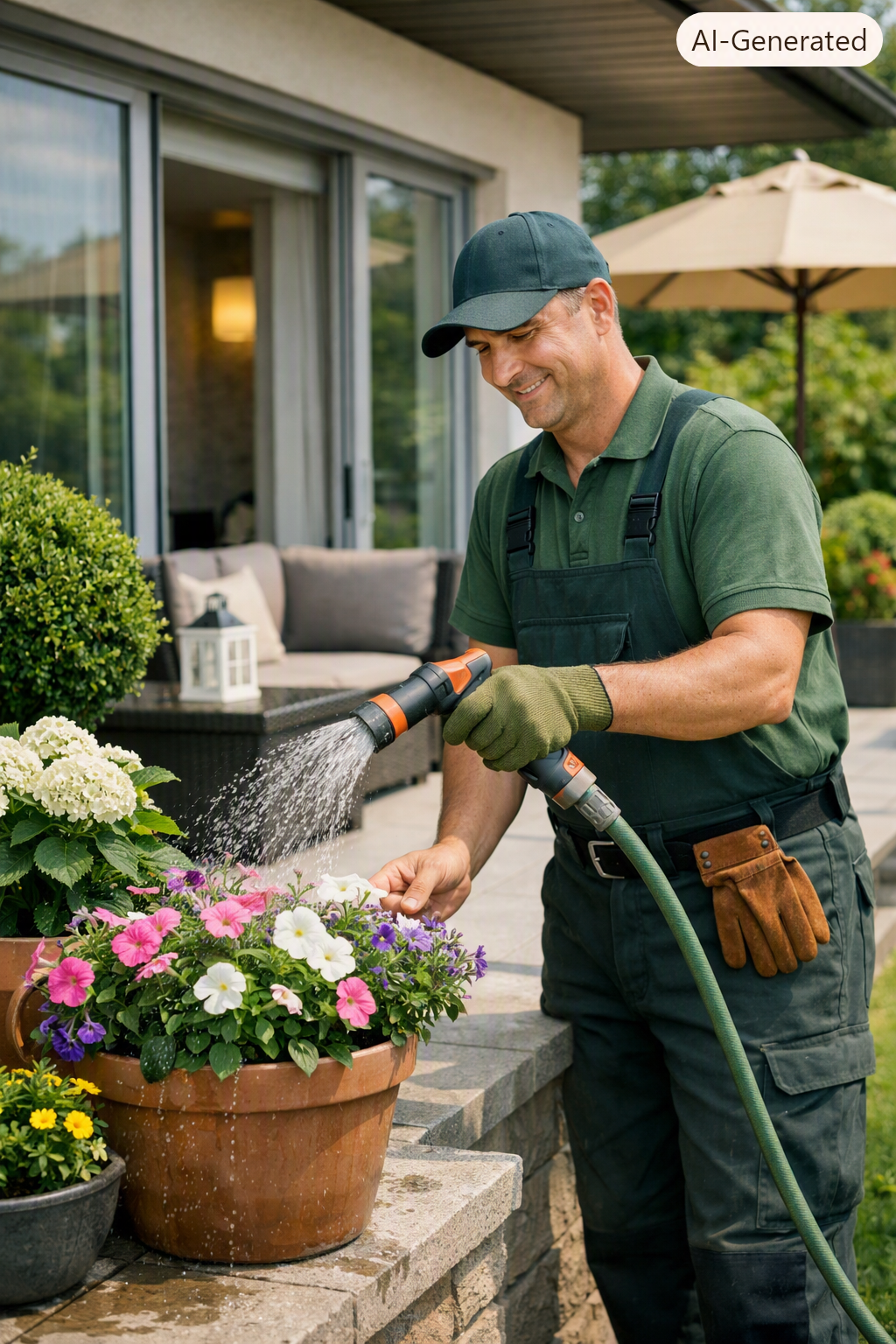 Gardener maintaining a private villa garden in Akbuk